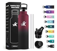 KollyKolla Botella Agua Acero Inoxidable 1L, Botella Termica con Pajita y Filtro, Reutilizable, Cantimplora sin BPA, Prueba de Fugas, Termo para Senderismo, Adultos, Escuela, Deporte, Gimnasio
