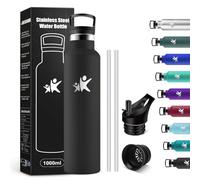 KollyKolla Botella Agua Acero Inoxidable 1L, Cantimplora Termo con Doble Aislamiento, Botella Termica con Pajita, sin BPA, Termo Reutilizable para Oficina, Camping, Niños, Fitness, Niños, Yoga