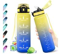 KollyKolla Cantimplora 1L, Botella de Agua con Marcador de Tiempo, con Pajita, Botella Deportiva Antiderrame Reutilizable, sin BPA para Adulto, Running, Cámping, Oficina, Bicicleta, Fitness