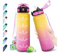 KollyKolla Cantimplora 1L, Botella de Agua con Pajita, Garrafa Agua con Marca de Tiempo, sin BPA, Reutilizable, Botella Motivacional para Niños, Adultos, Running, Deporte, Bicicleta, Oficina, Gym