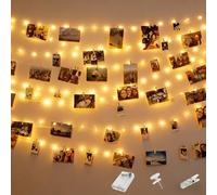 kolpop 5M 50 LED: guirnalda de luces con pinzas para fotos y temporizador, luz blanca cálida, decoración de interiores, fotos en la pared con 30 pinzas, ideal para el salón, Navidad, bodas y fiestas