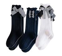 KOLZEMV 3 pares de calcetines de algodón hasta la rodilla para niñas, calcetines altos mujer,con lazos esponjosos,para la vuelta al cole, para uniformes y fiestas,calcetines largos con lazo para niñas