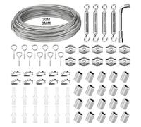 KOMABLEN 30m Cable Acero 3mm, 304 Inoxidable Cable de Acero con Tensor Cable Acero, Abrazadera de cable, PVC Cable Acero Plastificado Cuerda Tendedero Exterior para Soporte Planta, Esgrima, Toldos