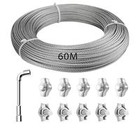 KOMABLEN 60m Cable Acero 2mm, 304 Inoxidable Cable de Acero con Abrazadera de cable, Núcleo de 7 x 7 Tensor Cable Acero Cuerda Tendedero Exterior para Soporte Planta, Esgrima, Toldos