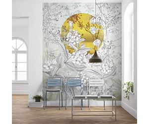 Komar Papel Pintado X4-1020 Karma 200 x 250 cm, 4 Tiras 50 cm, Diseño Sol y Paisaje, Negro, Blanco y Dorado