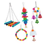KOMBIUDA 5 Piezas Juguetes Masticables para Columpio de Madera con Campanas Colgantes para Periquitos Cacatúas y Aves Pequeñas de Diversión para Jaula Color Aleatorio Color Aleatorio