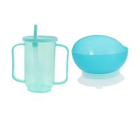 KOMBIUDA Adaptativo para Alimentación con Cuenco Antidesbordamiento y Vaso con Doble Asa y Pajita Taza Antiderrames para Adultos con Disfagia Cuidado para Mayores Encamados y Discapacitados