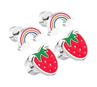KOMBIUDA Pendientes Hipoalergénicos Para Niñas Dulces y Coloridos, Pendientes De Fresa y Arcoíris Conjunto De 2 Pares, Diseño Adorable De Espalda Plana, Ideales Para Escuela y Fiestas Infantiles