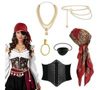 KOMEIYL 6 Piezas de Accesorios de Disfraz de Pirata para Mujer con Bandana Pirata, Aretes, Corsé, Cadena de Cintura, Pendientes, Parche Para el Ojo, para Carnaval Cosplay