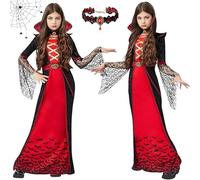 KOMEIYL Traje Vampiro Niña, Vestido Vampiresa con Collar, Disfraz Vampiro para Niños Halloween, Vampire Dress up Costumes, Aplica a Representaciones Teatrales, Eventos Cosplay ((M(120-130 CM))