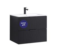 Kometmöbel Lavabo con armario de 60 cm, color negro, acanalado, 2 cajones de cierre suave, juego de muebles de baño para colgar en la pared con grifería, color negro