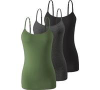 Komfokore 3 piezas de camiseta interior para mujer con sujetador de estante de algodón, tirantes ajustables, Negro/Gris Oscuro/Verde Militar, L