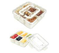 Komforbaa Bandeja compartimentada con tapa y asa, recipiente de PET alimentario de 6 compartimentos para frutas, verduras y frutos secos, ideal para fiestas, viajes y picnic