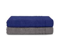 Komfortec Juego de 2 Toallas de Sauna 70 x 200 cm, 100% Algodón, Toallas XXL para Sauna, Suaves, Grandes, de Rizo y de Secado Rápido, Gris/Azul Marino