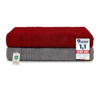 Komfortec Juego de 2 Toallas de Sauna 80 x 200 cm, 100% Algodón, Toallas XXL para Sauna, Suaves, Grandes, de Rizo y de Secado Rápido, Gris/Rojo