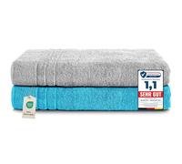 Komfortec Juego de 2 Toallas de Sauna 80 x 200 cm, 100% Algodón, Toallas XXL para Sauna, Suaves, Grandes, de Rizo y de Secado Rápido, Plata/Turquesa