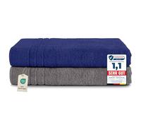 Komfortec Juego de 2 Toallas de Sauna 80 x 200 cm, 100% Algodón, Toallas XXL para Sauna, Suaves, Grandes, de Rizo y de Secado Rápido, Gris/Azul Marino
