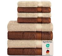Komfortec Juego de 8 Toallas de Mano de 100% algodón, 4 Toallas de baño de 70 x 140 cm y 4 Toallas de Mano de 50 x 100 cm, Rizo Suave, Color marrón/Beige