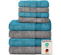 Komfortec Juego de 8 Toallas 100% Algodón - 4 Toallas de Baño 70 x 140 cm y 4 Toallas de Lavabo 50 x 100 cm - Juego de Toallas Suaves y Absorbentes - Antracita/Turquesa