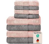 Komfortec Juego de 8 Toallas de Mano de 100% algodón, 4 Toallas de baño de 70 x 140 cm y 4 Toallas de Mano de 50 x 100 cm, Rizo Suave, Grande, Antracita, Gris/Rosa