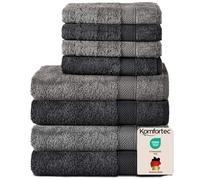 Komfortec Juego de 8 Toallas de Mano de 100% algodón, 4 Toallas de baño de 70 x 140 cm y 4 Toallas de Mano de 50 x 100 cm, Rizo Suave, Towel, Grande, Antracita, Gris y Negro