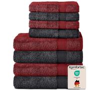 Komfortec Juego de 8 Toallas de Mano de 100% algodón, 4 Toallas de baño de 70 x 140 cm y 4 Toallas de Mano de 50 x 100 cm, de Rizo, Suave, Grande, Negro/Rojo Auro