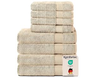 Komfortec Juego de 8 Toallas 100% Algodón - 4 Toallas de Baño 70 x 140 cm y 4 Toallas de Lavabo 50 x 100 cm - Juego de Toallas Suaves y Absorbentes - Beige