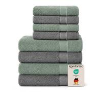 Komfortec Juego de 8 Toallas de Mano, 4 Toallas de baño de 70 x 140 cm y 4 Toallas de Mano de 50 x 100 cm, 100% algodón de Rizo, mullidas y absorbentes, Antracita/Verde Claro