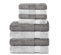 Komfortec Juego de 8 Toallas de Mano de 100% algodón, 4 Toallas de baño de 70 x 140 cm y 4 Toallas de Mano de 50 x 100 cm, de Rizo, Suave, Grande, Antracita/Blanco