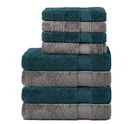 Komfortec Juego de 8 Toallas de Mano de 100% algodón, 4 Toallas de baño de 70 x 140 cm y 4 Toallas de Mano de 50 x 100 cm, Rizo Suave, Grande, Gris Antracita y Azul petróleo