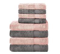 Komfortec Juego de 8 Toallas de Mano de 100% algodón, 4 Toallas de baño de 70 x 140 cm y 4 Toallas de Mano de 50 x 100 cm, Rizo Suave, Grande, Antracita, Gris/Rosa