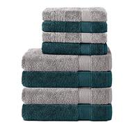 Komfortec Juego de 8 Toallas de Mano de 100% algodón, 4 Toallas de baño de 70 x 140 cm y 4 Toallas de Mano de 50 x 100 cm, de Rizo, Suaves, Grandes, Color Plata/Azul petróleo