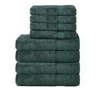 Komfortec Juego de 8 Toallas de Mano de 100% algodón, 4 Toallas de baño de 70 x 140 cm y 4 Toallas de 50 x 100 cm, de Rizo, Suave, Toalla Grande, Verde Oscuro
