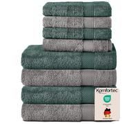 Komfortec Juego de 8 Toallas de Mano de 100% algodón, 4 Toallas de baño de 70 x 140 cm y 4 Toallas de Mano de 50 x 100 cm, de Rizo, Suave, Grande, Antracita, Gris/Verde Oscuro