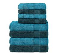 Komfortec Juego de 8 Toallas de Mano de 100% algodón, 4 Toallas de baño de 70 x 140 cm y 4 Toallas de Mano de 50 x 100 cm, de Rizo, Suave, Grande, Turquesa/Azul petróleo