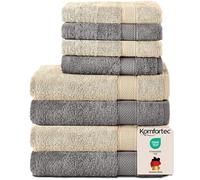 Komfortec Juego de 8 Toallas de Mano de 100% algodón, 4 Toallas de baño de 70 x 140 cm y 4 Toallas de Mano de 50 x 100 cm, de Rizo, Suave, Grande, Antracita/Beige
