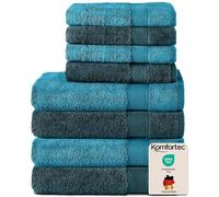Komfortec Juego de 8 Toallas de Mano de 100% algodón, 4 Toallas de baño de 70 x 140 cm y 4 Toallas de Mano de 50 x 100 cm, de Rizo, Suave, Grande, Turquesa/Azul petróleo