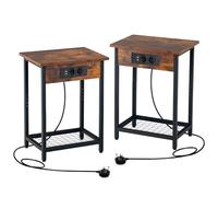 KOMFOTTEU 2 Mesitas de Noche con 2 Estaciones de Carga, 2 Puertos USB, Mesillas de Noche con Marco de Metal, Mesa Auxiliar con Estante Abierto para Salón, Dormitorio, 40 x 30 x 54 cm