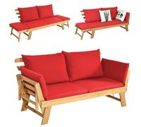 KOMFOTTEU 3 en 1 Banco de Jardín de 2 Plazas, Banco de Madera de Acacia con Reposabrazos Regulables, Tumbona con Cojines para Exterior, Sofá Cama Convertible para Terraza y Balcón (Rojo)