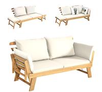 KOMFOTTEU 3 en 1 Banco de Jardín de 2 Plazas, Banco de Madera de Acacia con Reposabrazos Regulables, Tumbona con Cojines para Exterior, Sofá Cama Convertible para Terraza y Balcón (Beige)