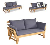 KOMFOTTEU 3 en 1 Banco de Jardín de 2 Plazas, Banco de Madera de Acacia con Reposabrazos Regulables, Tumbona con Cojines para Exterior, Sofá Cama Convertible para Terraza y Balcón (Gris)