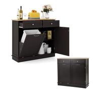 KOMFOTTEU Aparador de Cocina, Armario con Soporte para Botes de Basura 42 L, Mueble de Madera de Caucho con 2 cajones y Estante Ajustable, Mueble Cómoda para Papelera, 100 x 35 x 90,5 cm (Marrón)