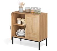 KOMFOTTEU Aparador de Cocina con 2 Puertas de Ratán, Armario Buffet Bajo con Estante Ajustable en 3 Posiciones, Patas de Metal, Kit Antivuelco, Mueble para Salón, Comedor (Natural)