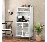 KOMFOTTEU Aparador de Cocina con Puertas de Cristal, Armario Buffet con Tablero de Clavijas y Estante Ajustable, Mueble de Almacenamiento con 8 Ganchos y 1 Cesta Colgante, 76 x 36 x 161 cm
