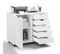 KOMFOTTEU Archivador Móvil con 5 Cajones y Puertas, Armario de Almacenamiento con 5 Ruedas, Cajonera de Madera, Mueble Auxiliar para Oficina, Soporte para Impresora, 79 x 39 x 65 cm, Blanco