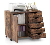 KOMFOTTEU Archivador Móvil con 5 Cajones y Puertas, Armario de Almacenamiento con 5 Ruedas, Cajonera de Madera, Mueble Auxiliar para Oficina, Soporte para Impresora, 79 x 39 x 65 cm (Marrón)