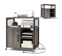 KOMFOTTEU Armario Archivador Móvil con Estación de Carga, Cajonera Escritorio con Ruedas, Mueble Auxiliar con Estantes Abiertos y Armario con Puerta, Soporte para Impresora para Oficina (Gris)