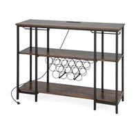 KOMFOTTEU Armario Bar de Vino de 3 Niveles, Botellero con con 2 Puertos USB y 2 Enchufes, Estantería de Almacenamiento para 15 Botellas con Portavasos, para Cocina, Salón, 113 x 35 x 85 cm (Marrón)