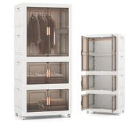 KOMFOTTEU Armario de Dormitorio Plegable 421 L, Caja de Almacenamiento con 4 Ruedas, Contenedor de Plástico con 10 Perchas, Organizador Portátil con Cierres Magnéticos, 71 x 46 x 156 cm