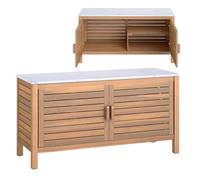 KOMFOTTEU Baúl de Jardín de Madera de Acacia, Caja de Almacenamiento con Doble Puerta y Tapa de Mármol Artificial, Arcón Exterior con Patas Ajustables, Contenedor Organizador para Patio